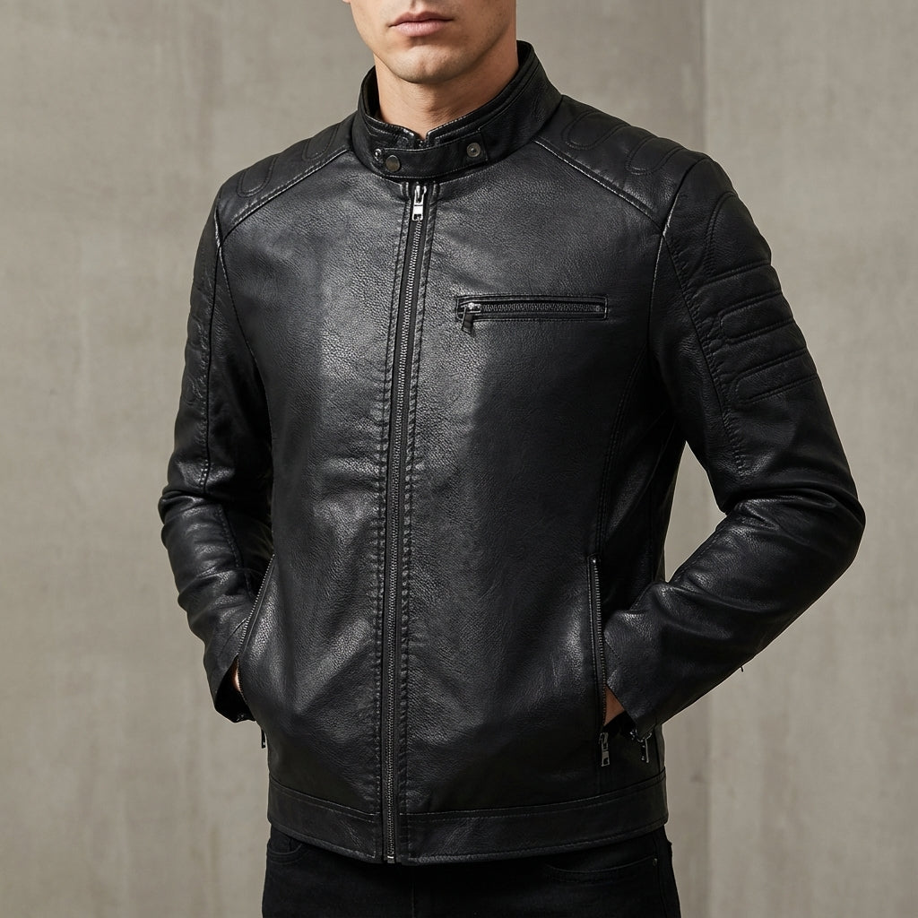 Antoine Men’s Leather Jacket – Structured Zip-Up Moto Jacket with Multiple Pockets