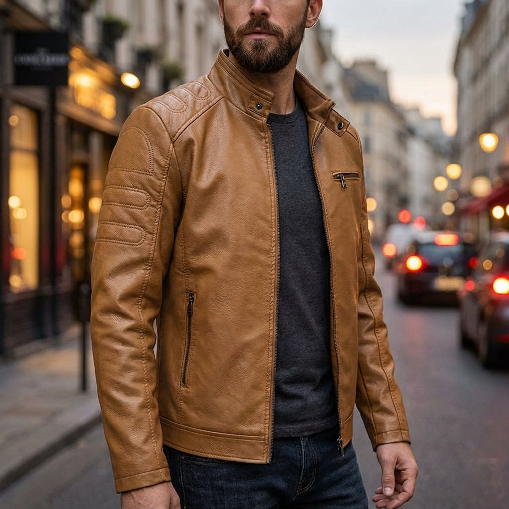 Antoine Men’s Leather Jacket – Structured Zip-Up Moto Jacket with Multiple Pockets