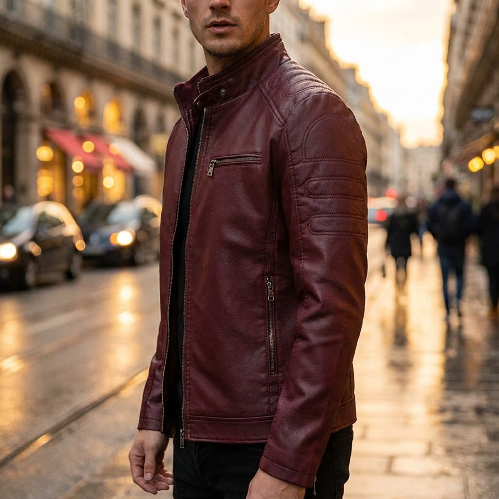 Antoine Men’s Leather Jacket – Structured Zip-Up Moto Jacket with Multiple Pockets