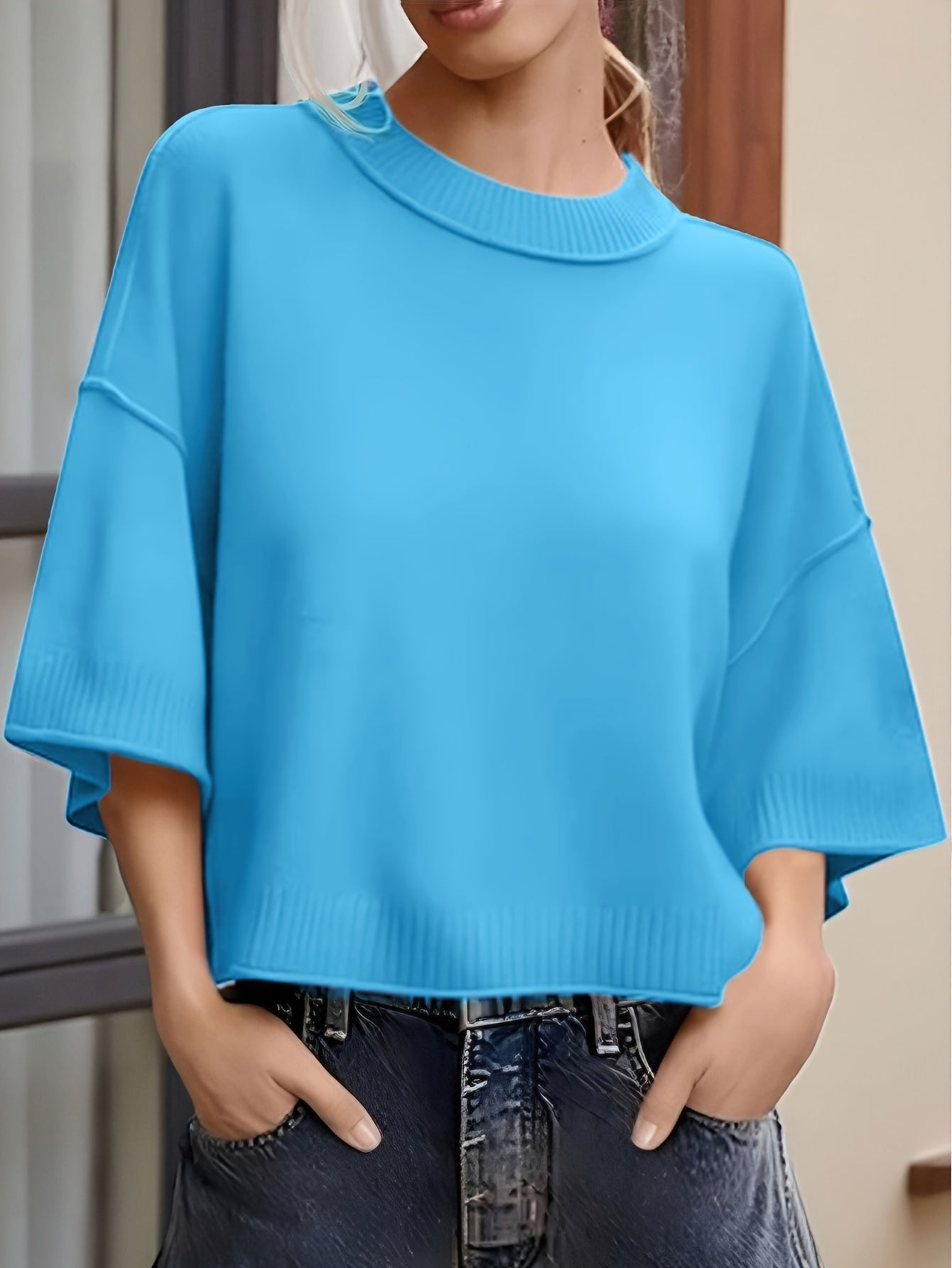 Inès Women’s Oversized Sweater – Lightweight Short Sleeve Knit with Ribbed Hem