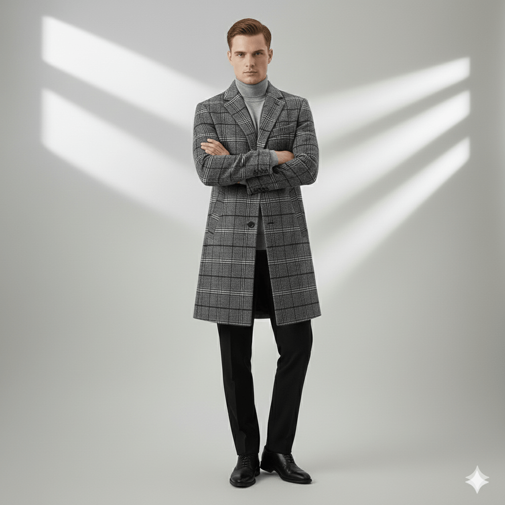 Asher Men’s Wool Coat – Windowpane Overcoat with Structured Mid-Length Design
