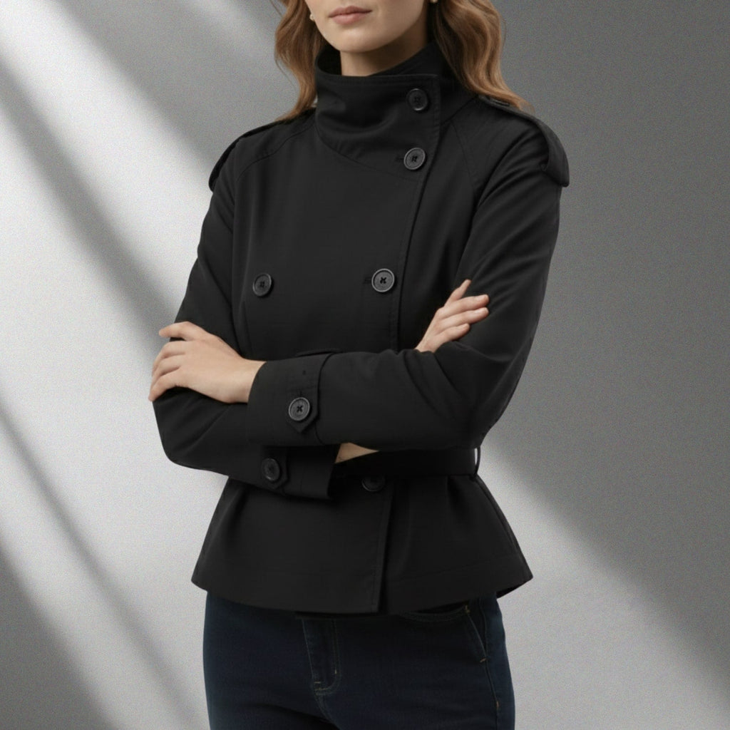 Khadija Women’s Trench Coat – High-Neck Belted Cotton Cropped Jacket