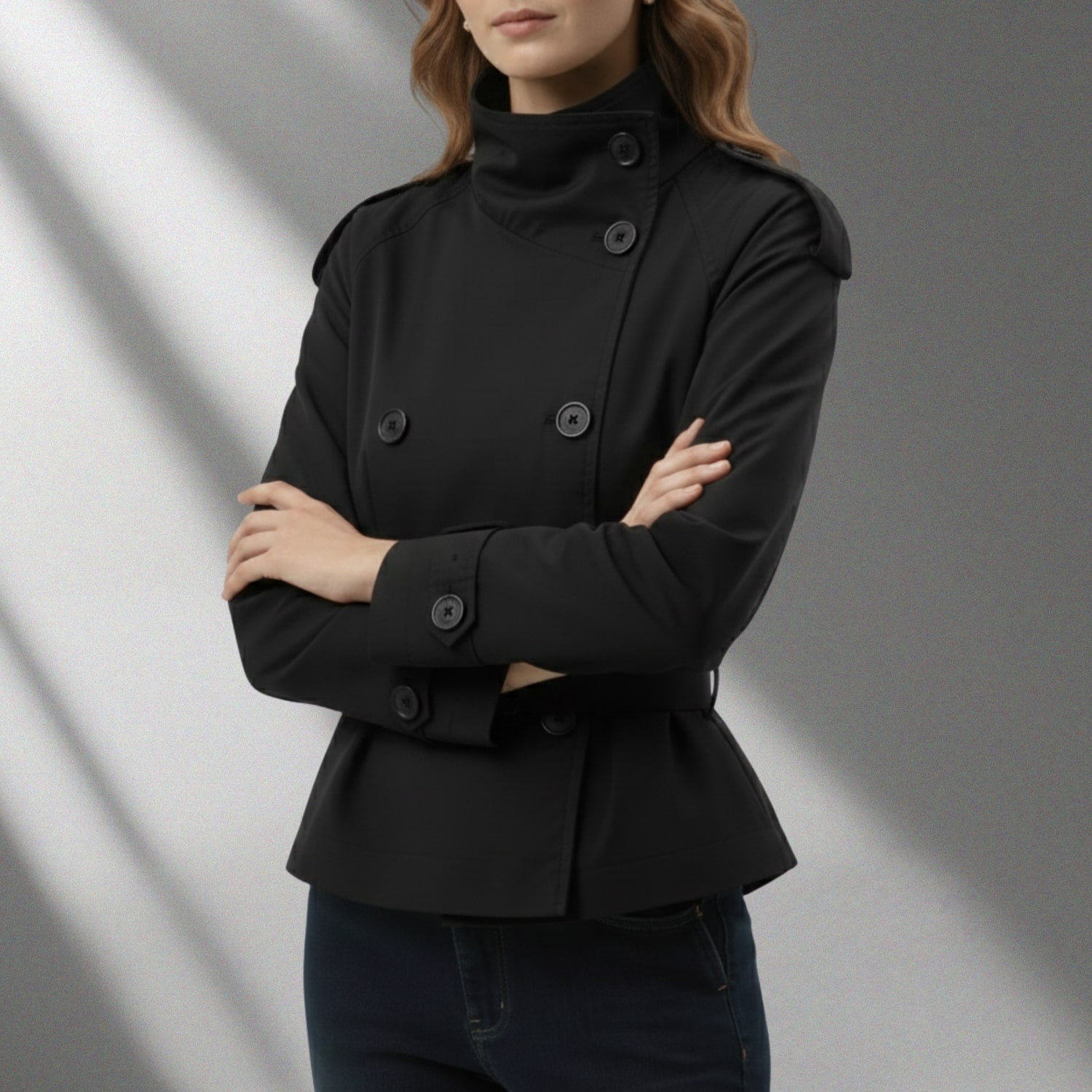 Khadija Women’s Trench Coat – High-Neck Belted Cotton Cropped Jacket
