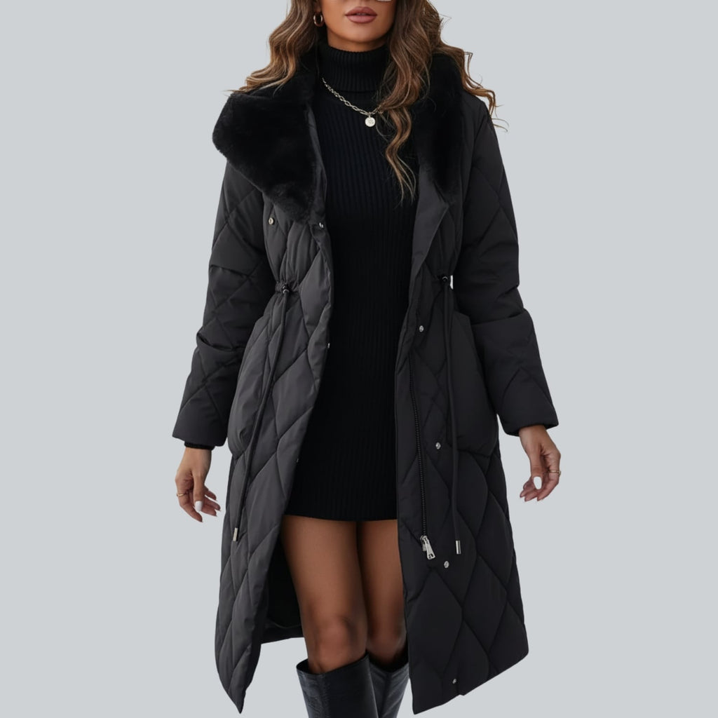 Paula Women's Winter Coat – Quilted Long Coat with Fur Collar & Adjustable Waist