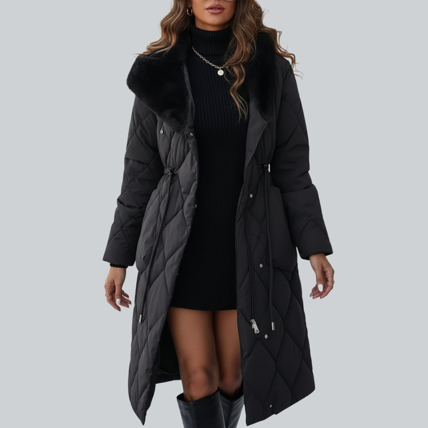 Paula Women's Winter Coat – Quilted Long Coat with Fur Collar & Adjustable Waist