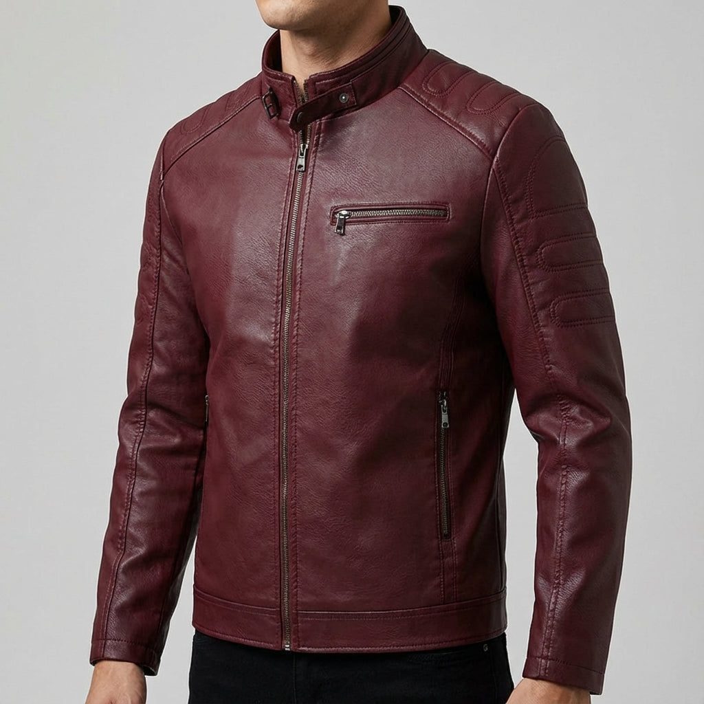 Antoine Men’s Leather Jacket – Structured Zip-Up Moto Jacket with Multiple Pockets