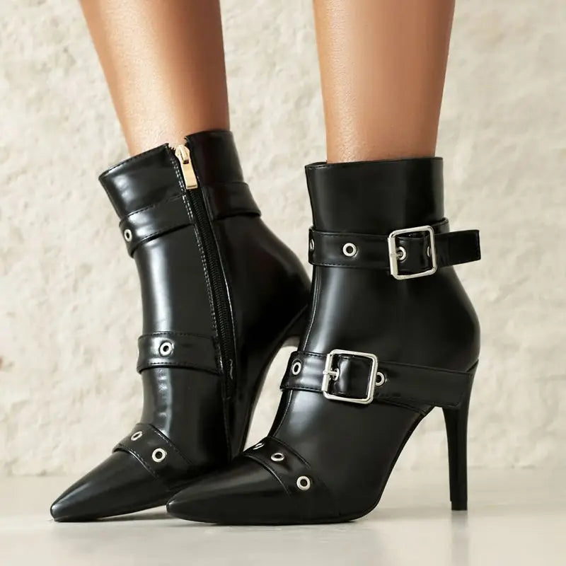 Talia Women’s Stiletto Boots – Patent Vegan Leather with Buckle Strap Detailing