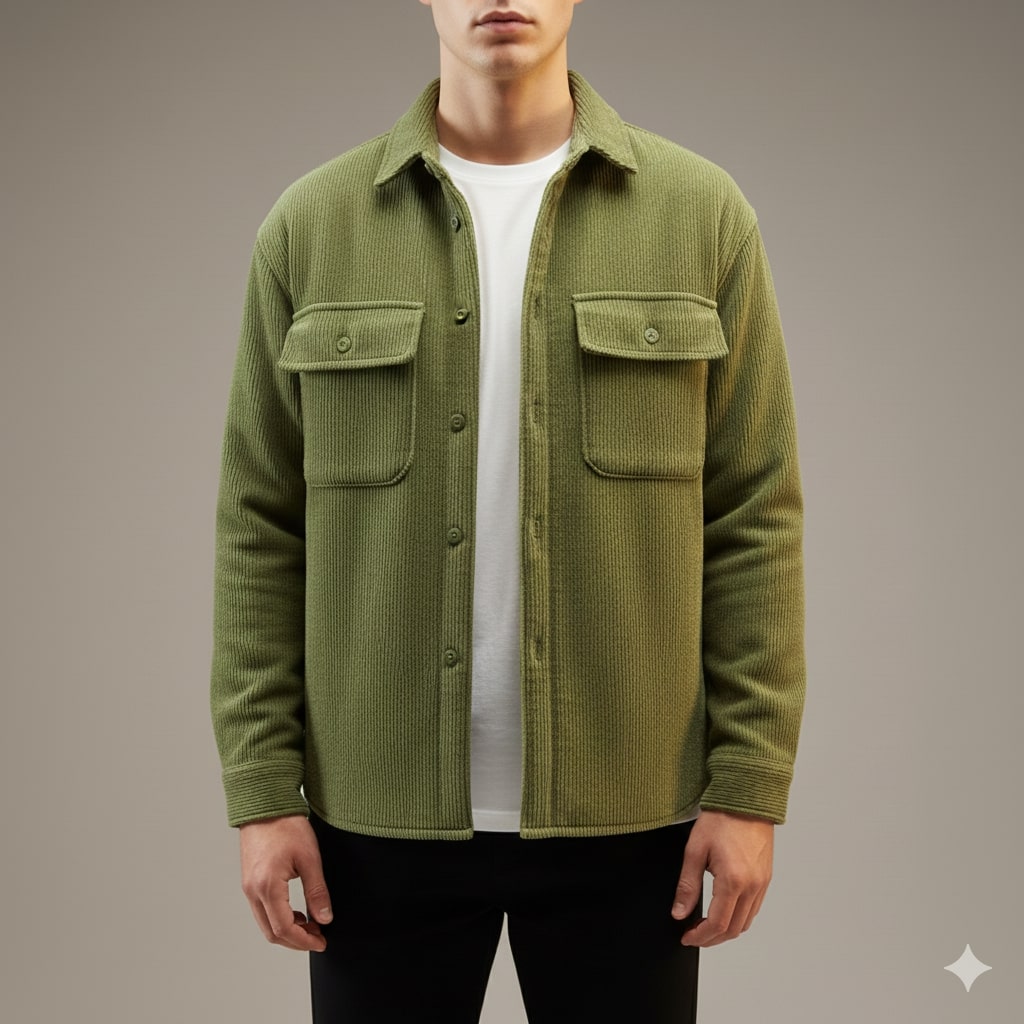 Roman Men’s Corduroy Shirt Jacket – Egyptian Cotton Sherpa-Lined Outerwear for Cold Weather