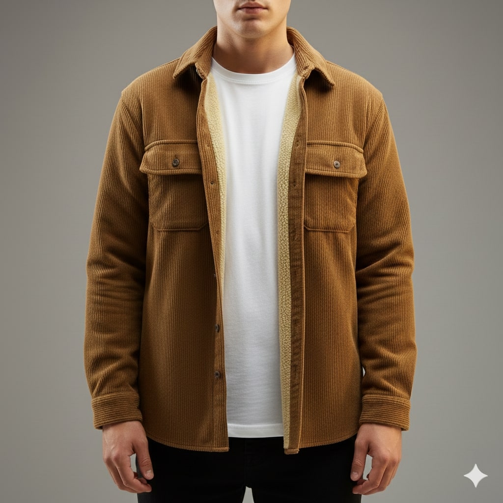 Roman Men’s Corduroy Shirt Jacket – Egyptian Cotton Sherpa-Lined Outerwear for Cold Weather