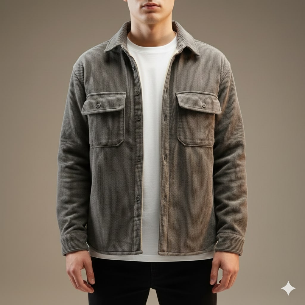 Roman Men’s Corduroy Shirt Jacket – Egyptian Cotton Sherpa-Lined Outerwear for Cold Weather