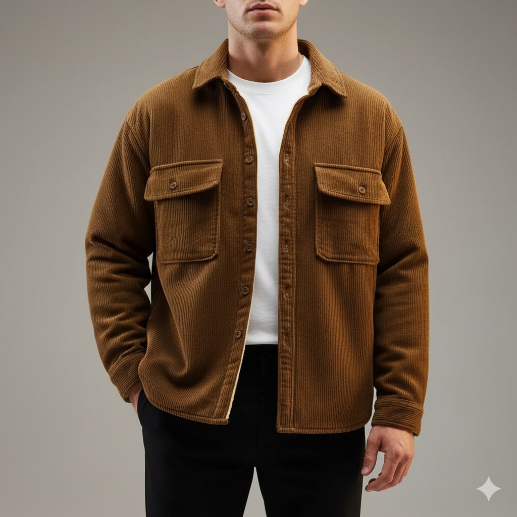 Roman Men’s Corduroy Shirt Jacket – Egyptian Cotton Sherpa-Lined Outerwear for Cold Weather