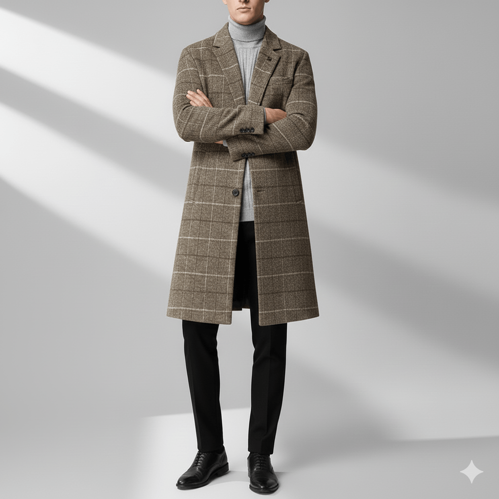 Asher Men’s Wool Coat – Windowpane Overcoat with Structured Mid-Length Design