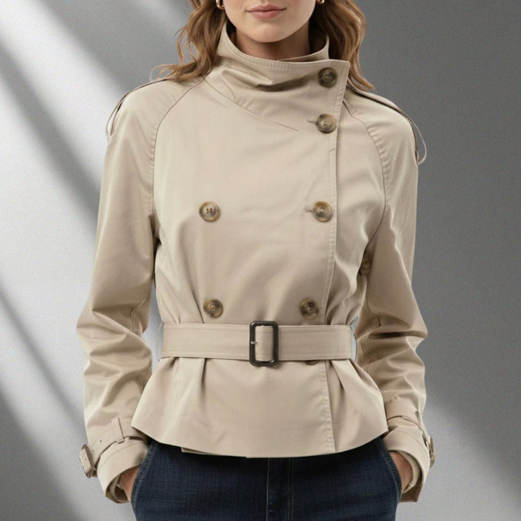 Khadija Women’s Trench Coat – High-Neck Belted Cotton Cropped Jacket