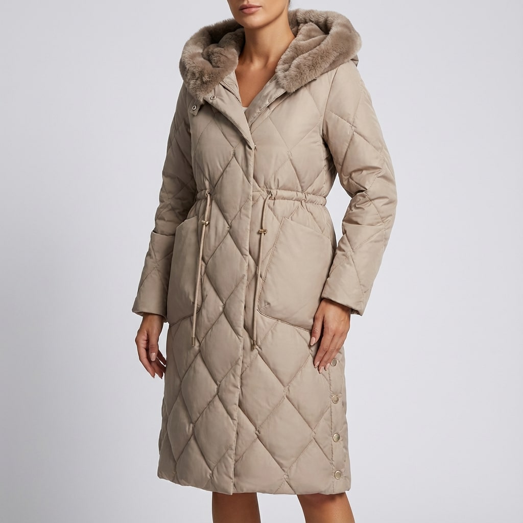 Paula Women's Winter Coat – Quilted Long Coat with Fur Collar & Adjustable Waist