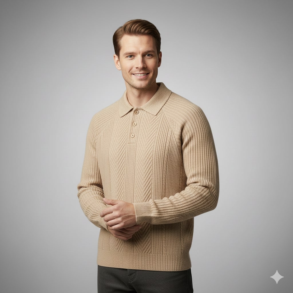 Ismael Men’s Knit Polo Sweater – Herringbone Texture with Structured Collar Pullover