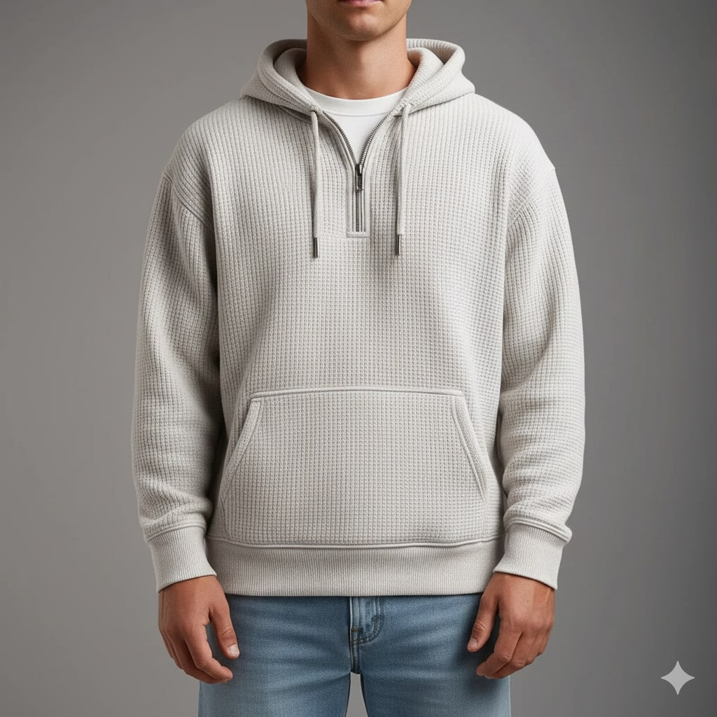 Samuel Men’s Waffle Hoodie – Soft Waffle-Knit Half-Zip Sweater for Casual Layering