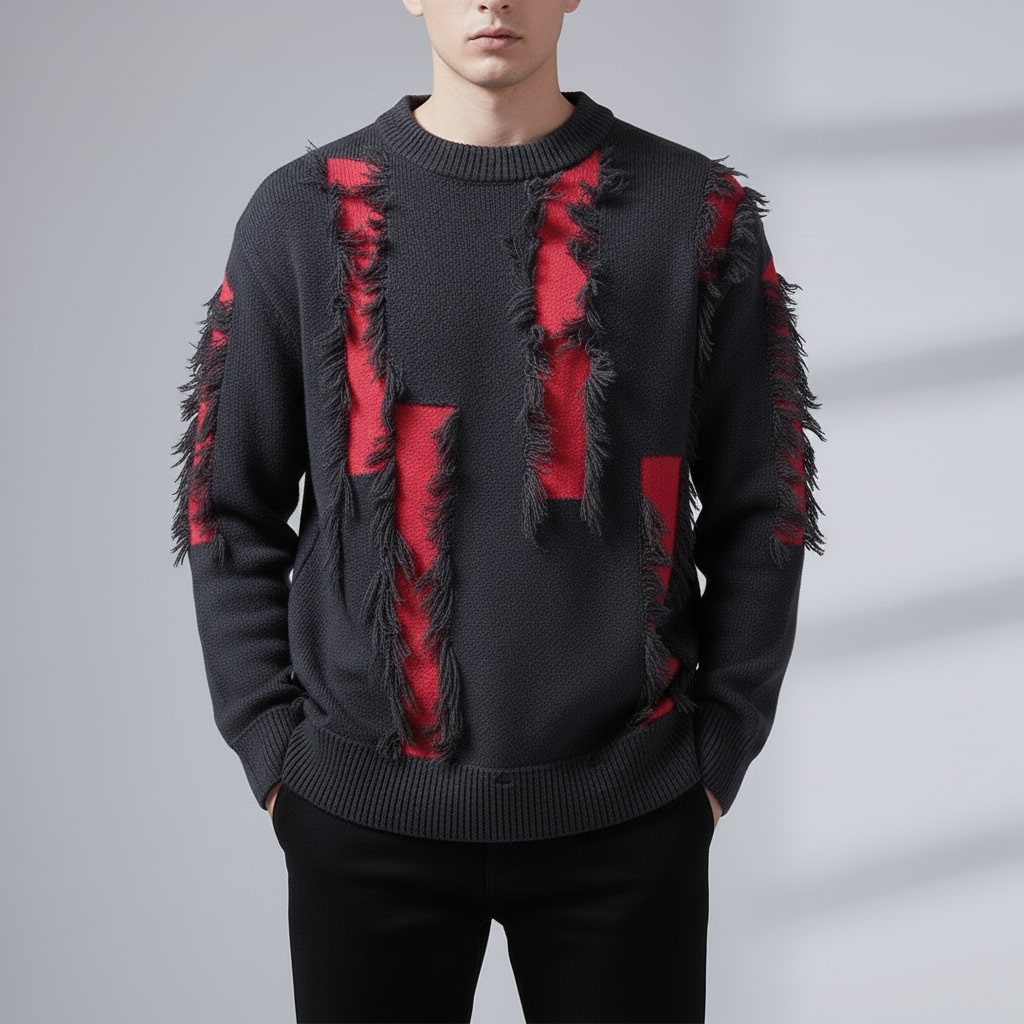 Viktor Distressed Men’s Sweater – Textured Knit Pullover with Edgy Frayed Detailing