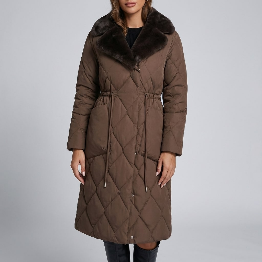 Paula Women's Winter Coat – Quilted Long Coat with Fur Collar & Adjustable Waist