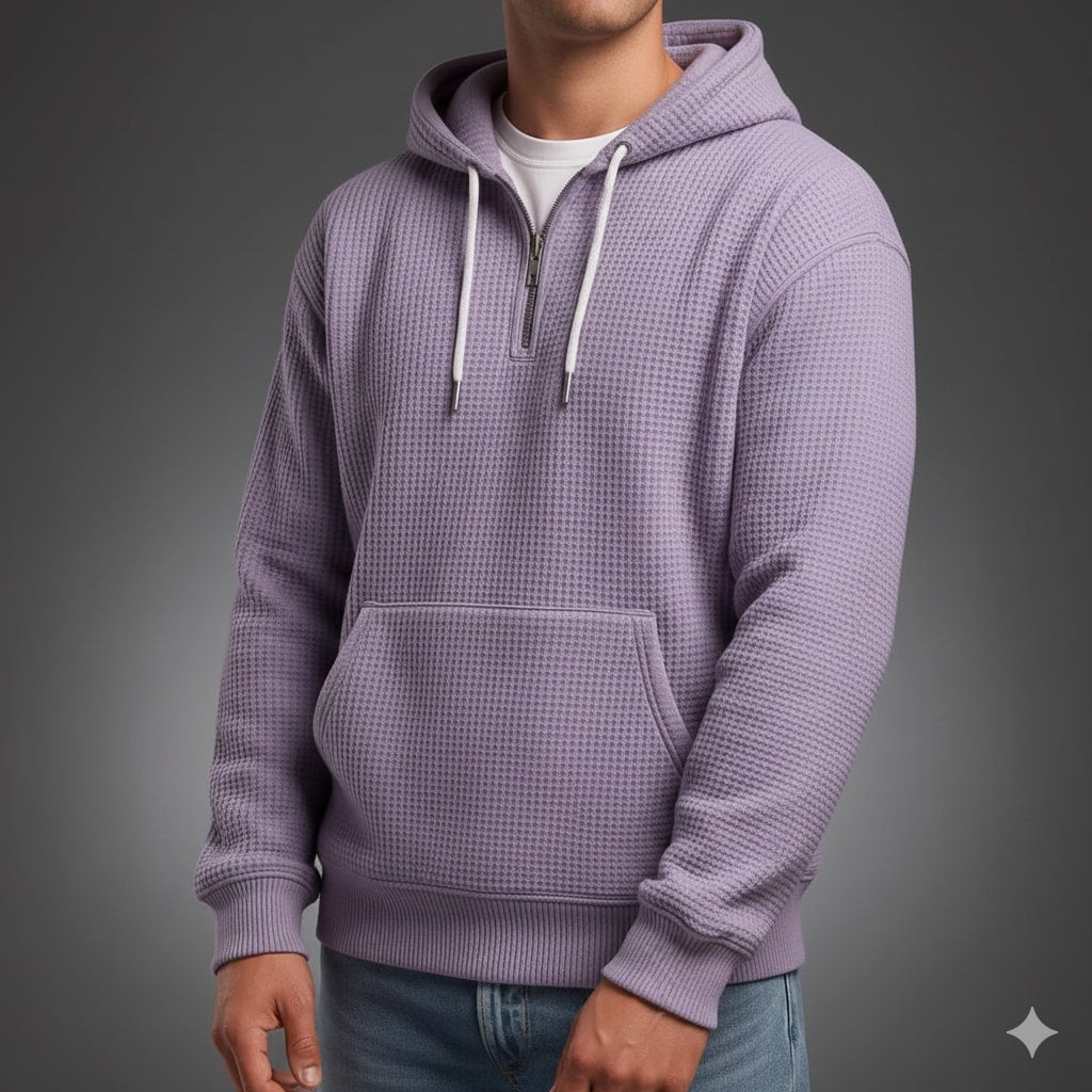 Samuel Men’s Waffle Hoodie – Soft Waffle-Knit Half-Zip Sweater for Casual Layering