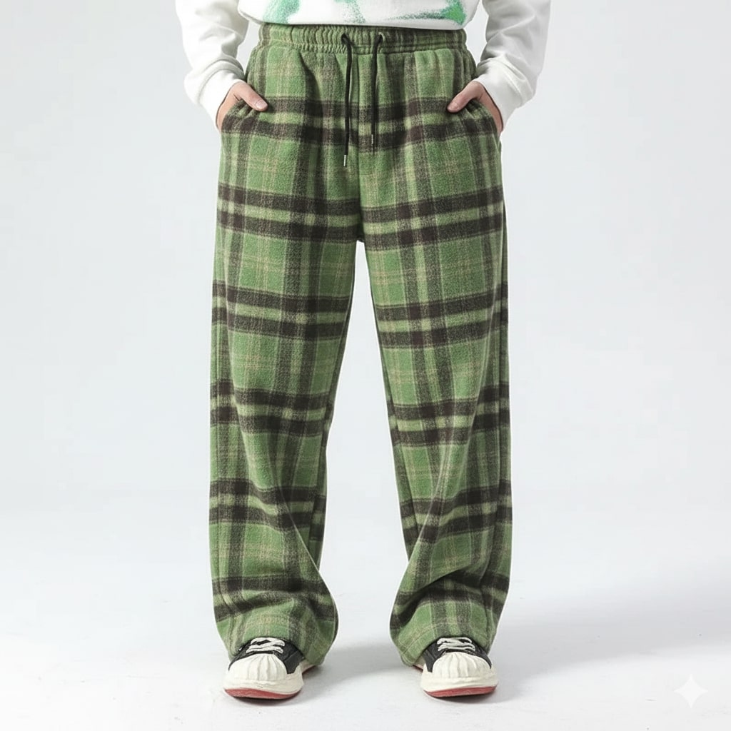 Youssef Men’s Sweatpants – Plaid Soft Brushed Cotton Wide-Leg Trousers