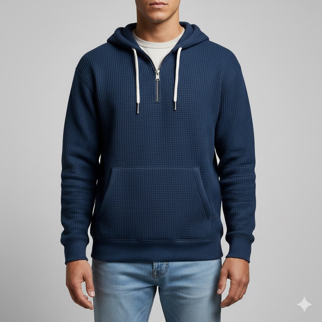 Samuel Men’s Waffle Hoodie – Soft Waffle-Knit Half-Zip Sweater for Casual Layering