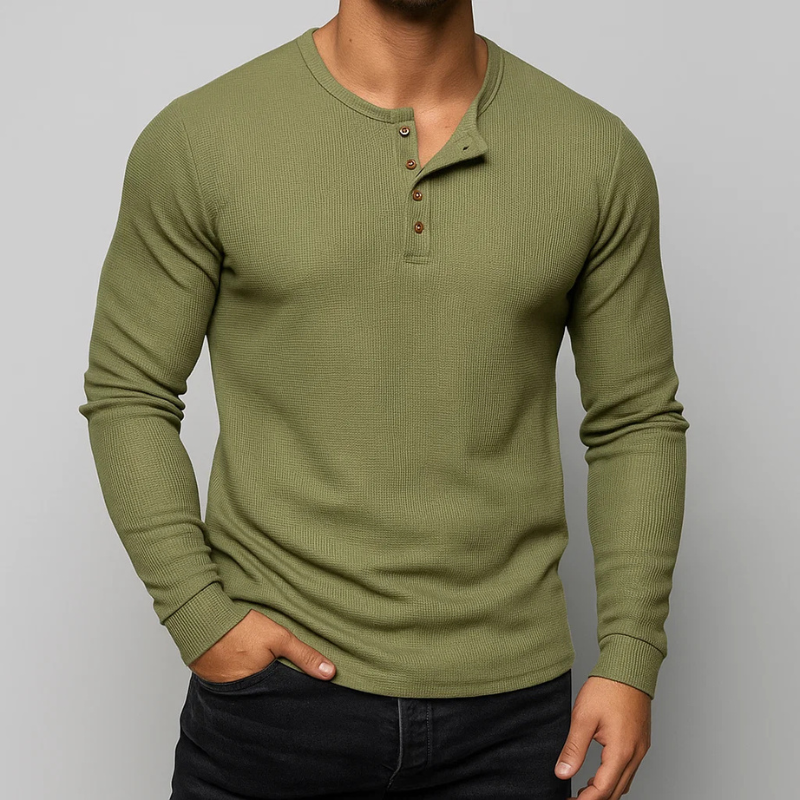 Mikhail Men’s Textured Long Sleeve Pullover – Waffle Knit Henley Pullover