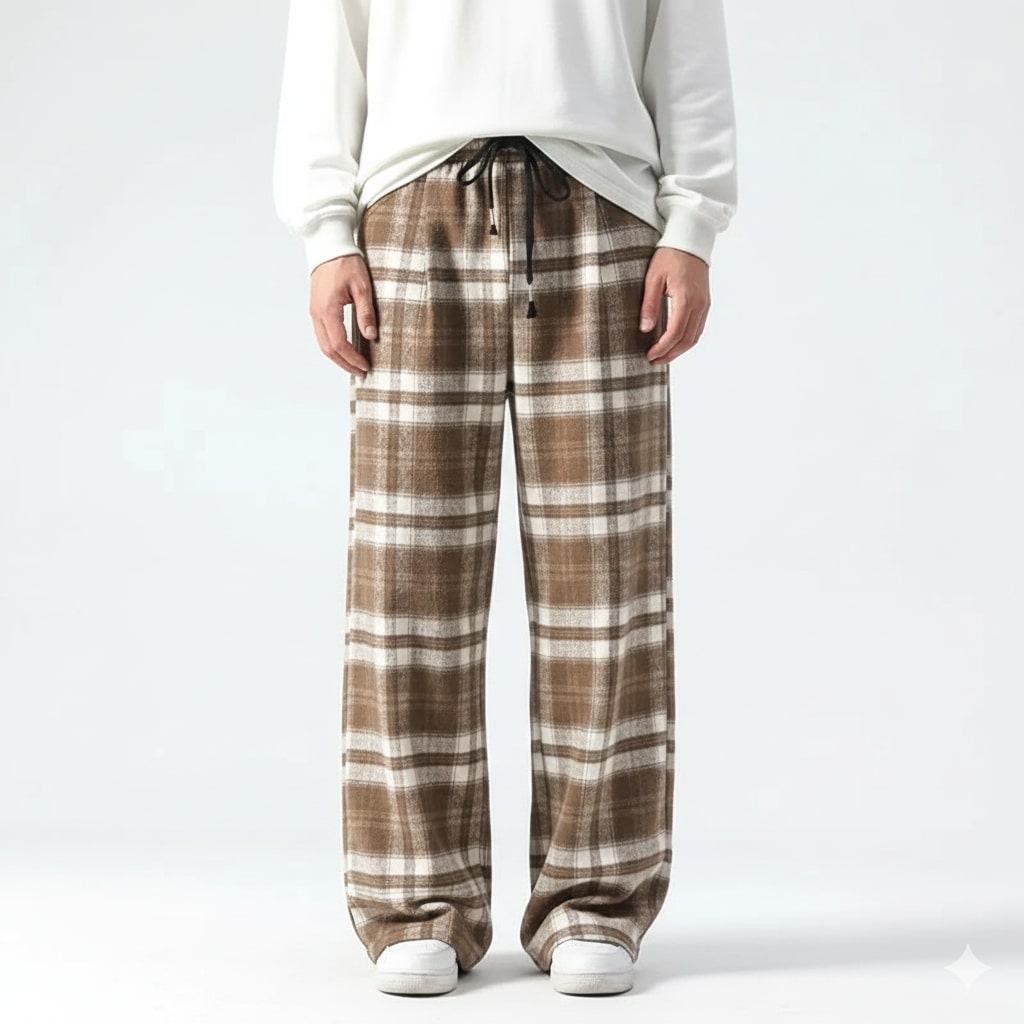 Youssef Men’s Sweatpants – Plaid Soft Brushed Cotton Wide-Leg Trousers