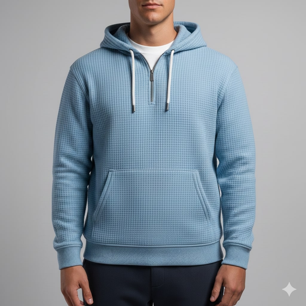 Samuel Men’s Waffle Hoodie – Soft Waffle-Knit Half-Zip Sweater for Casual Layering