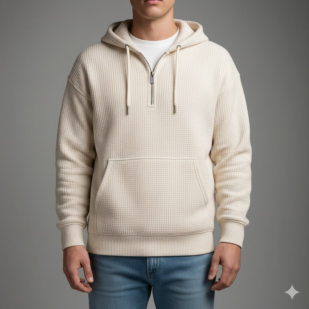 Samuel Men’s Waffle Hoodie – Soft Waffle-Knit Half-Zip Sweater for Casual Layering