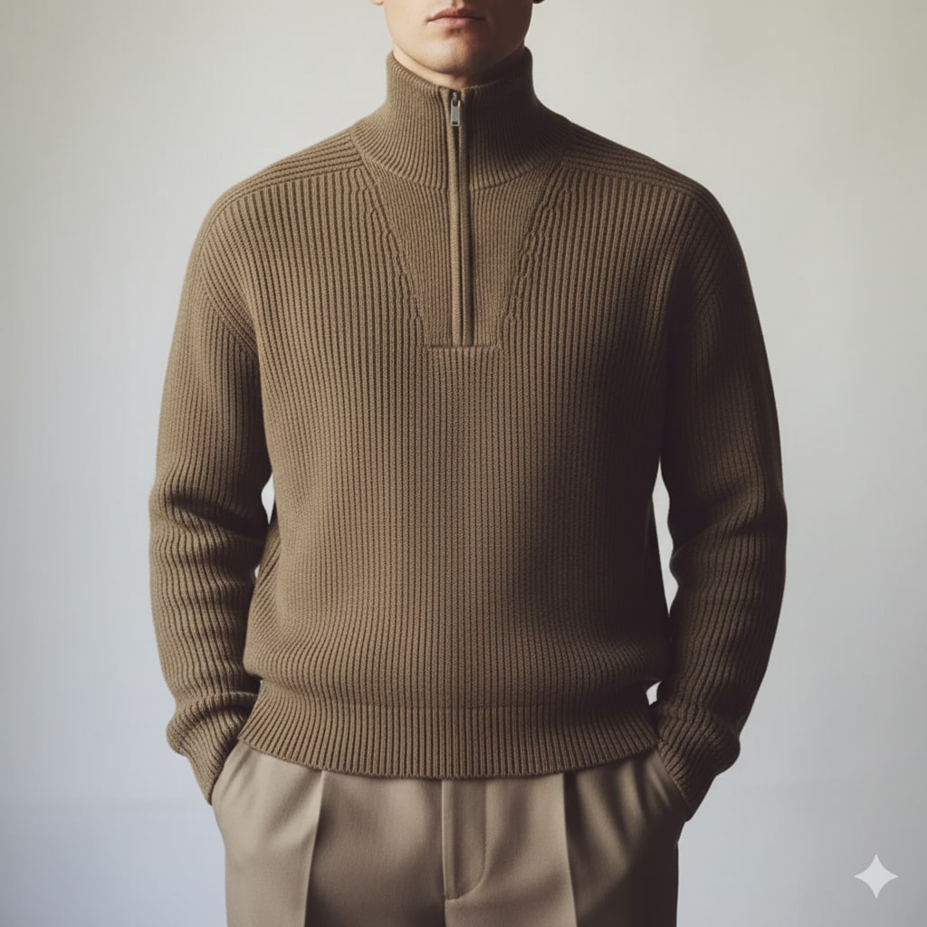 Rami Men’s Knitted Sweater – Half Zip Stand-Collar Pullover with Vintage Texture
