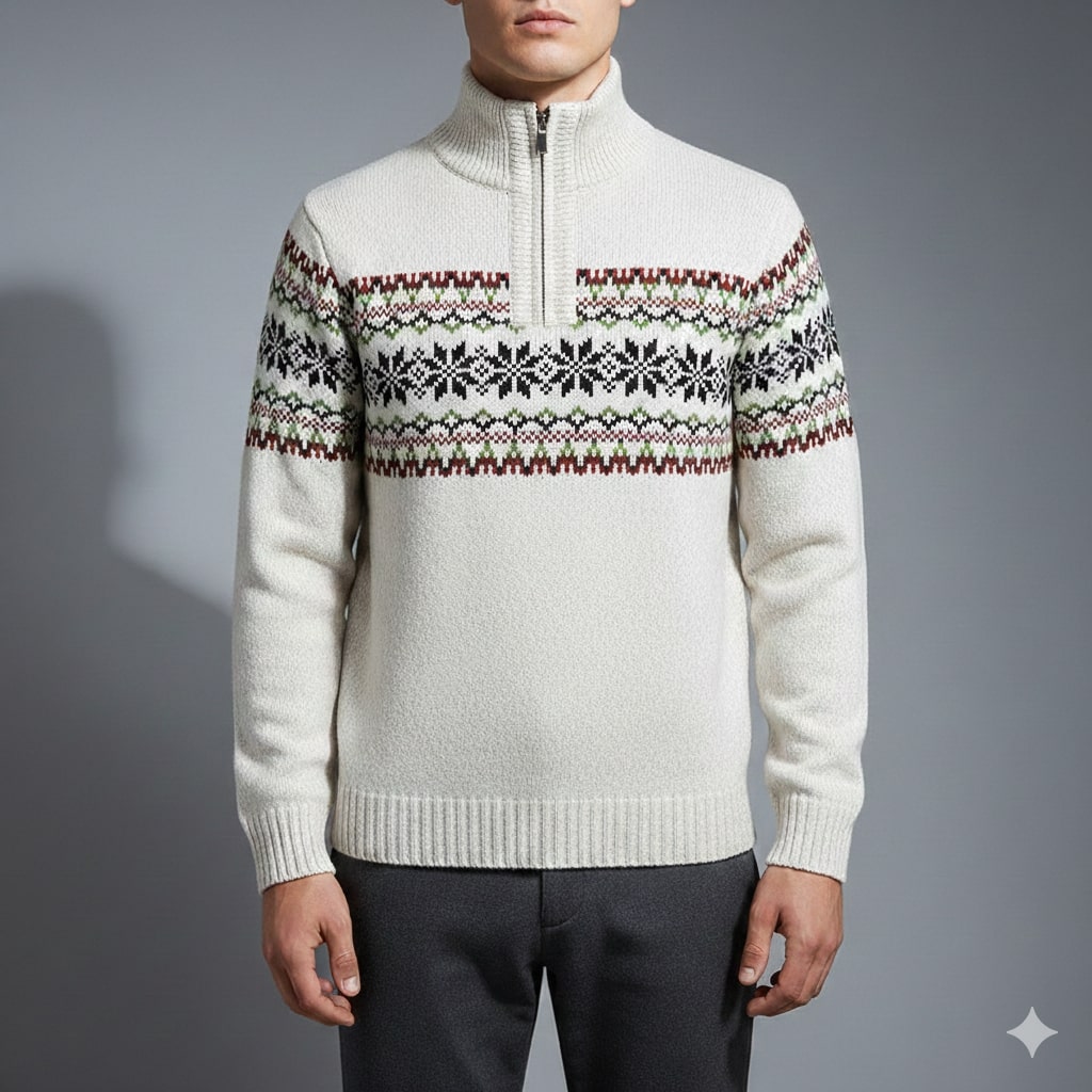 Victor Men's Christmas Sweater – Wool-Blend Knit Quarter-Zip Sweater with Seasonal Pattern