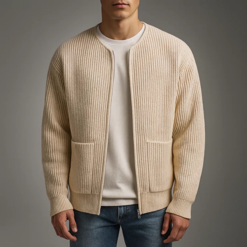 Jayden Men’s Knit Cardigan – Zip Up Sweater with Textured Knit & Patch Pockets