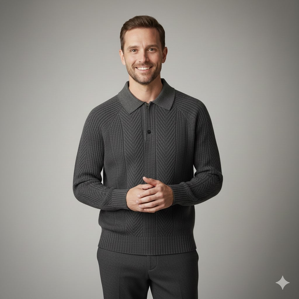 Ismael Men’s Knit Polo Sweater – Herringbone Texture with Structured Collar Pullover
