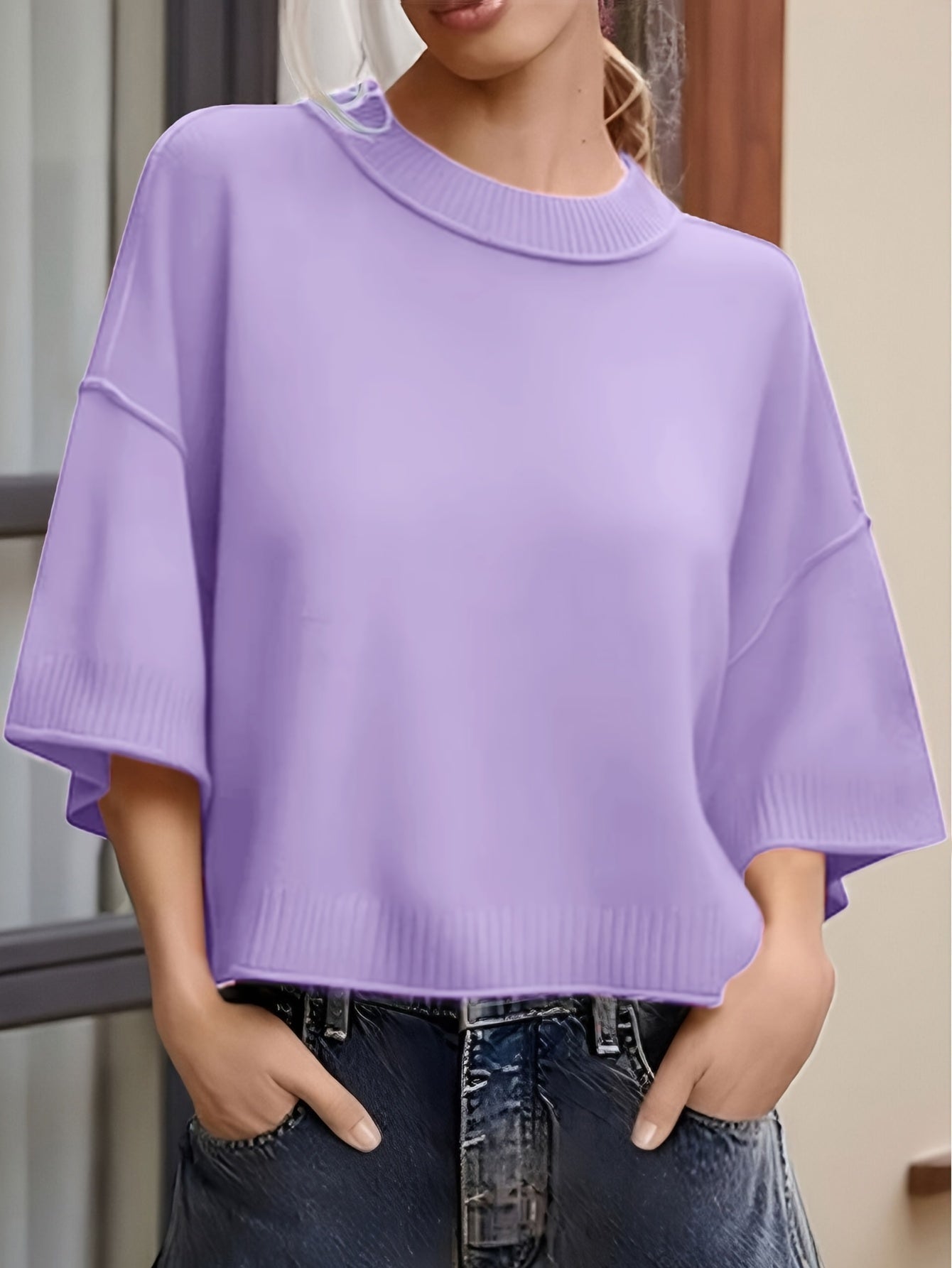 Inès Women’s Oversized Sweater – Lightweight Short Sleeve Knit with Ribbed Hem