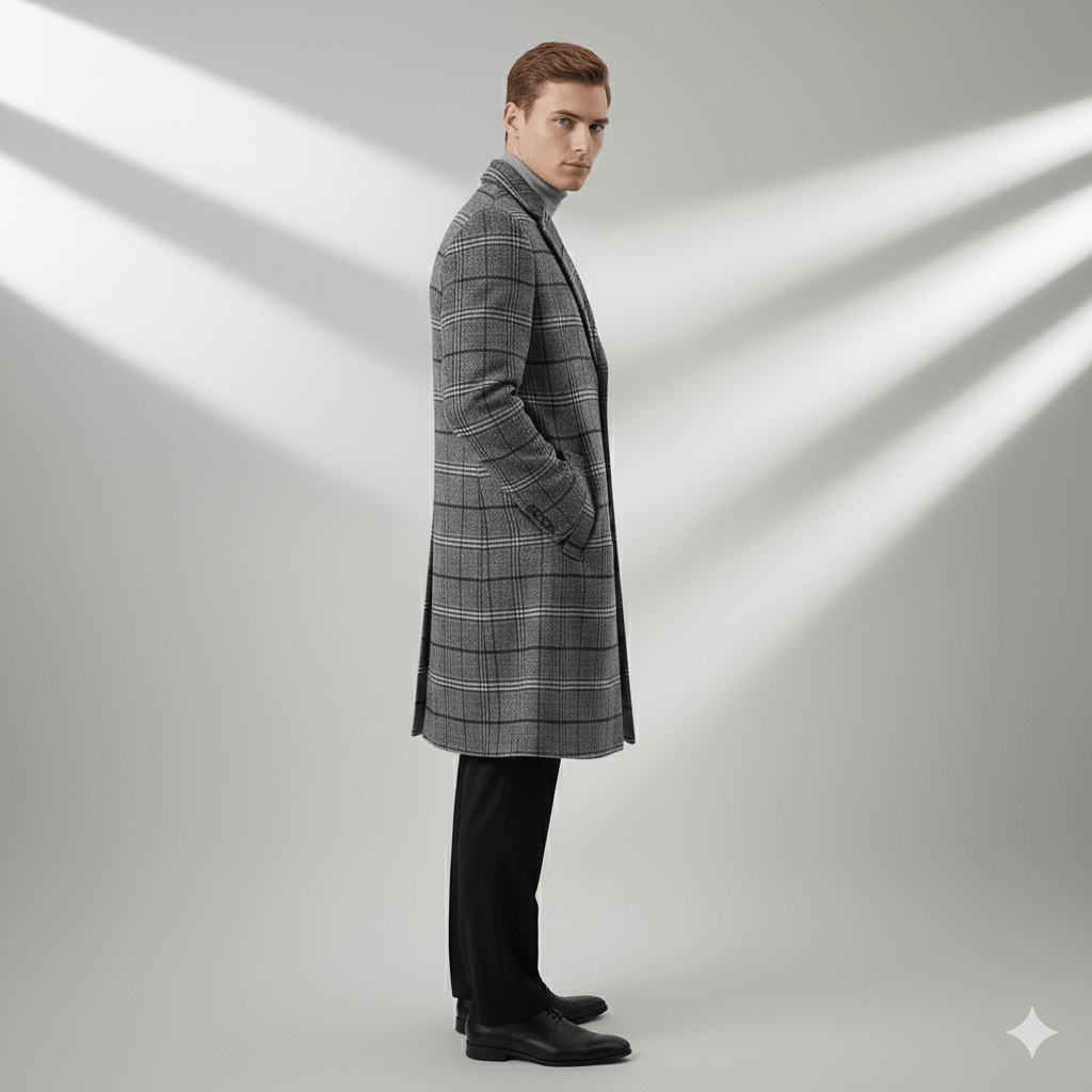 Asher Men’s Wool Coat – Windowpane Overcoat with Structured Mid-Length Design