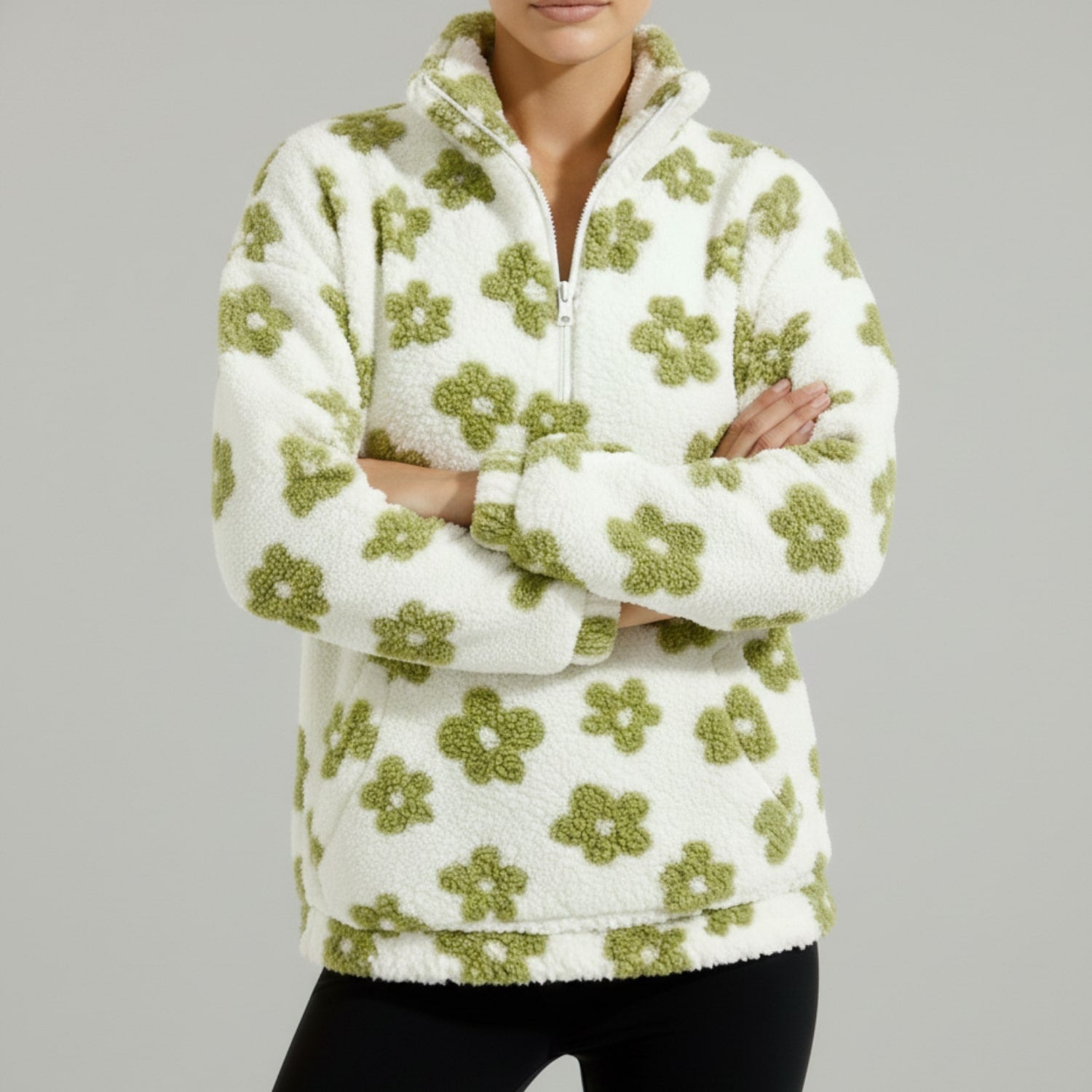 Dahlia Women's Fleece Pullover – Floral Soft Half-Zip Oversized Winter Pullover