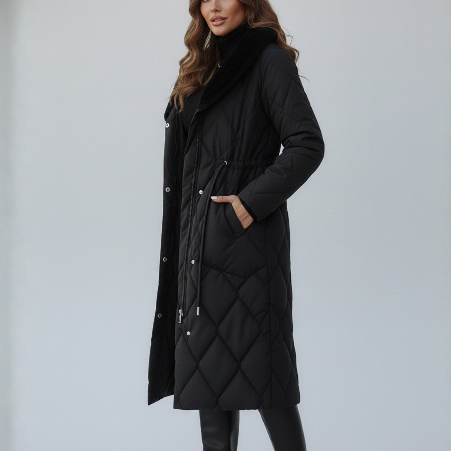 Paula Women's Winter Coat – Quilted Long Coat with Fur Collar & Adjustable Waist