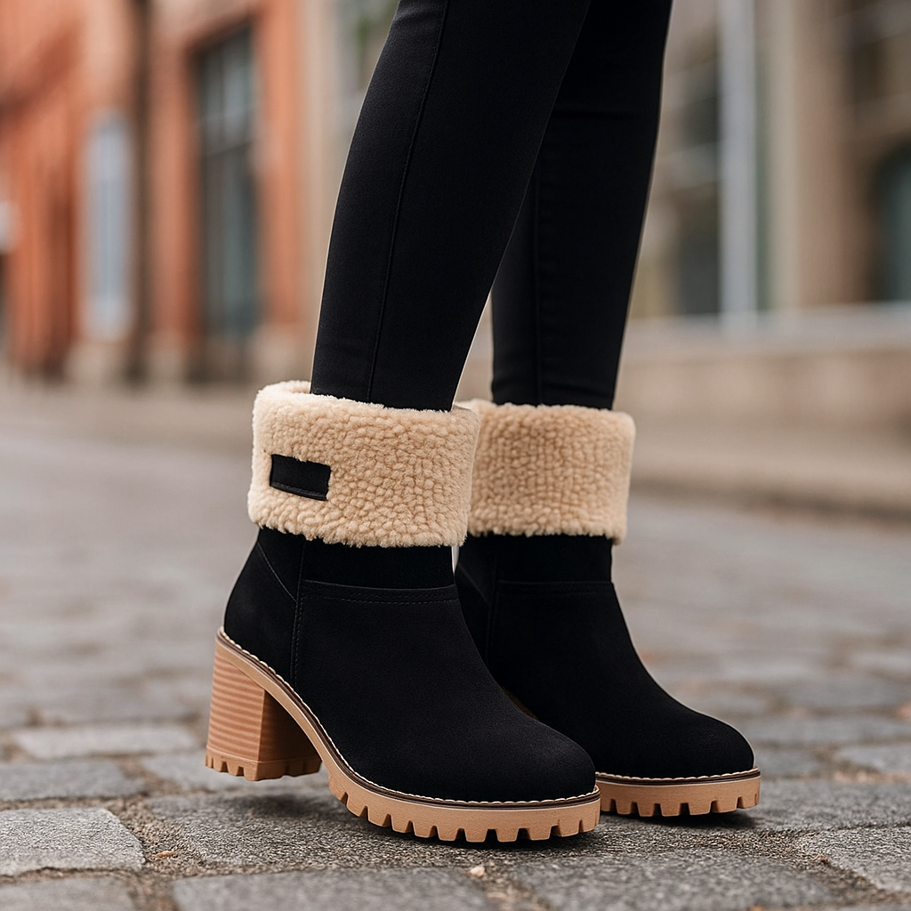 Meryem Women’s Suede Ankle Boots – Plush Fur-Lined Block Heel