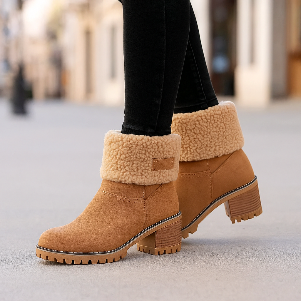 Meryem Women’s Suede Ankle Boots – Plush Fur-Lined Block Heel