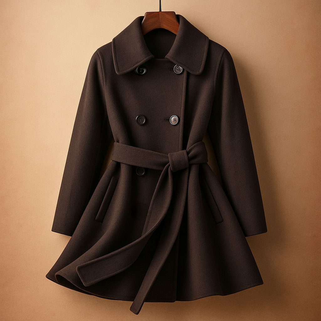 Talia Women’s Wool Wrap Coat – Double-Breasted Long Belted Winter Overcoat