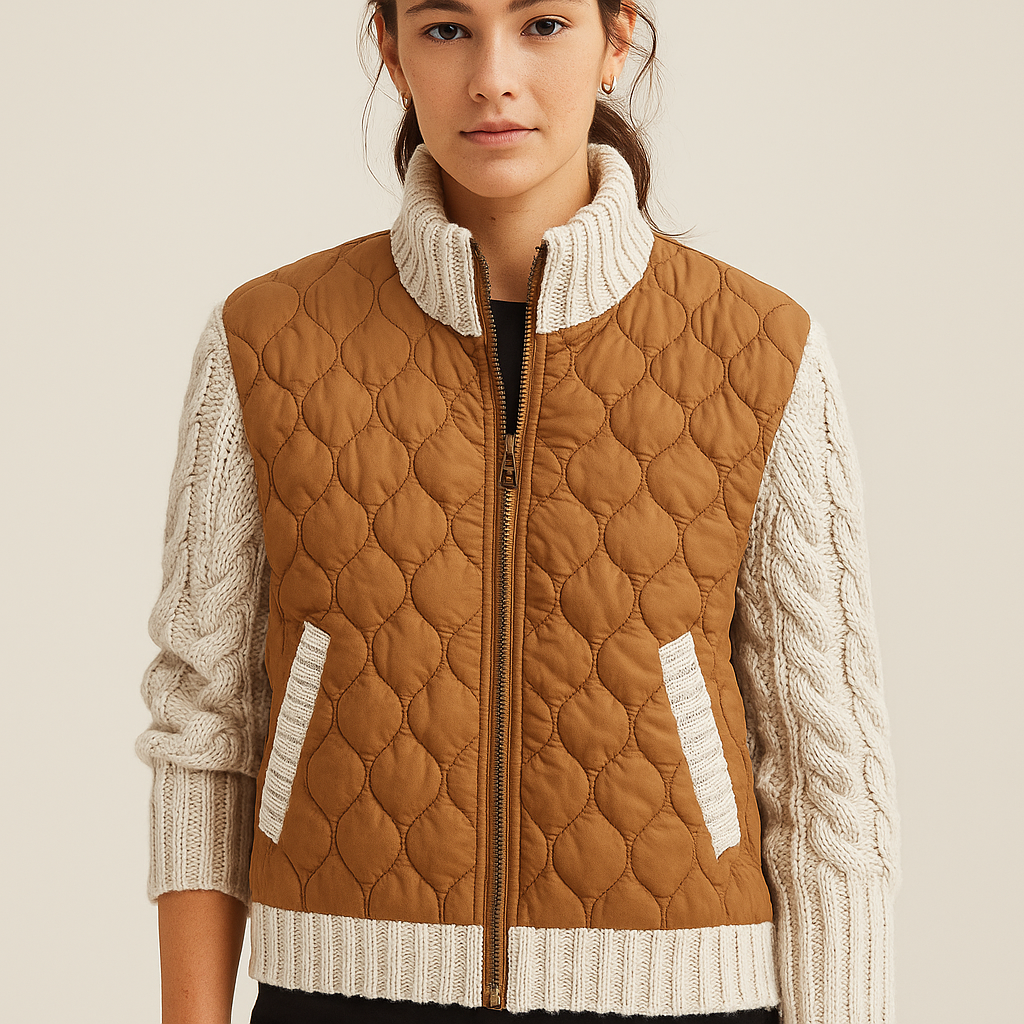 Daisy Women’s Quilted Jacket – Textured Knit Sleeve Contrast with Zip-Up Closure