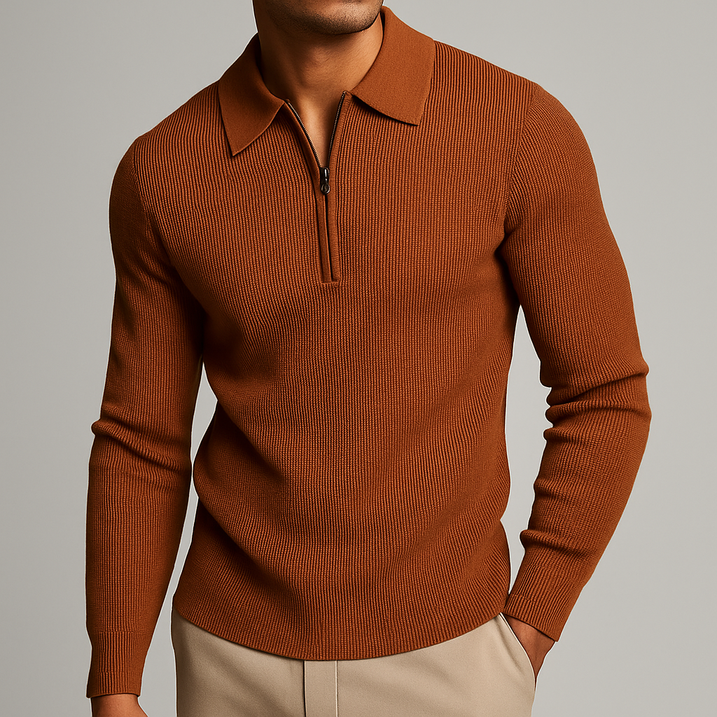 Sergio Men’s Knit Sweater – Waffle Texture Quarter-Zip Polo Shirt