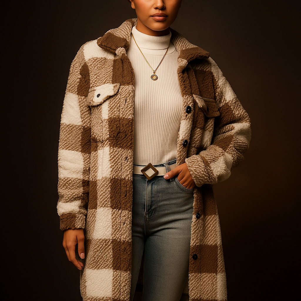 Sofia Women’s Fleece Overcoat – Soft Checkerboard Winter Jacket for Layering