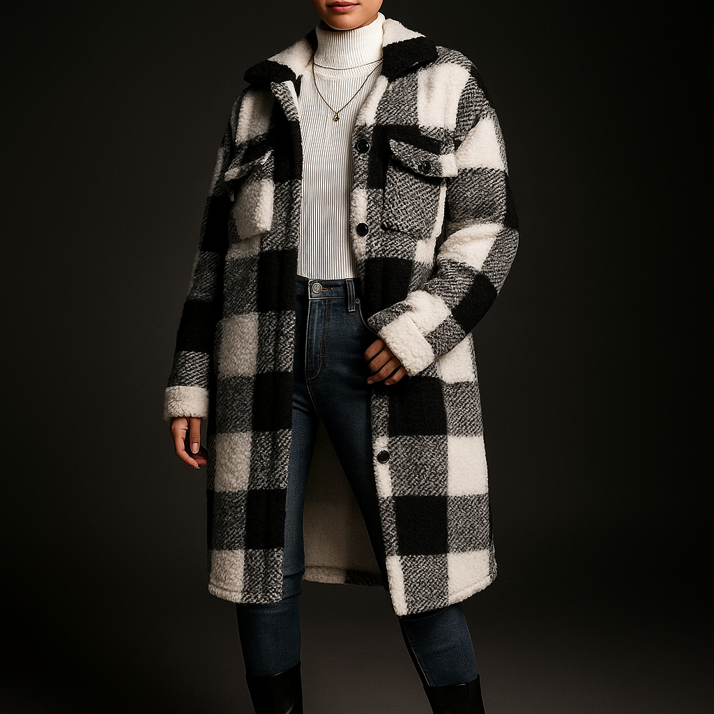 Sofia Women’s Fleece Overcoat – Soft Checkerboard Winter Jacket for Layering