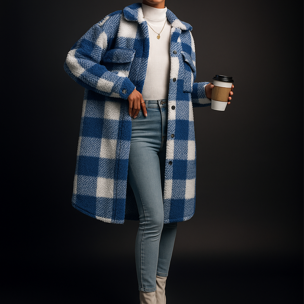 Sofia Women’s Fleece Overcoat – Soft Checkerboard Winter Jacket for Layering