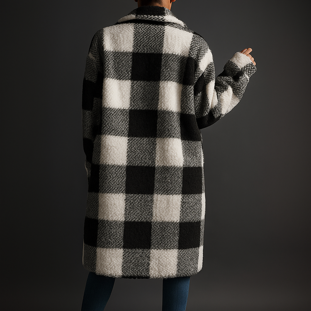 Sofia Women’s Fleece Overcoat – Soft Checkerboard Winter Jacket for Layering