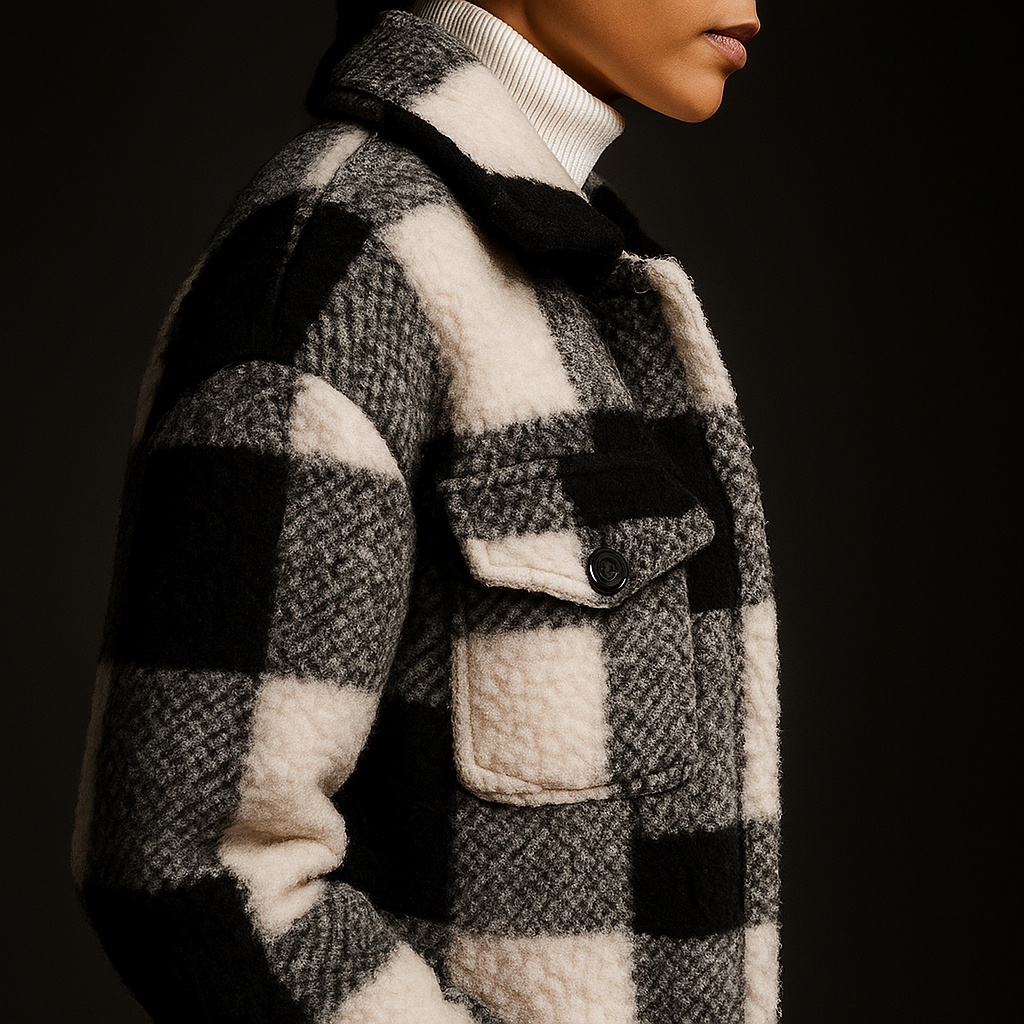 Sofia Women’s Fleece Overcoat – Soft Checkerboard Winter Jacket for Layering