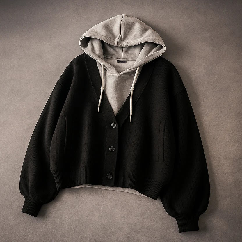 Elisa Women’s Cropped Cardigan – Puff Sleeve Zip-Up Knitted Hooded Cardigan