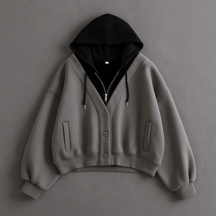 Elisa Women’s Cropped Cardigan – Puff Sleeve Zip-Up Knitted Hooded Cardigan