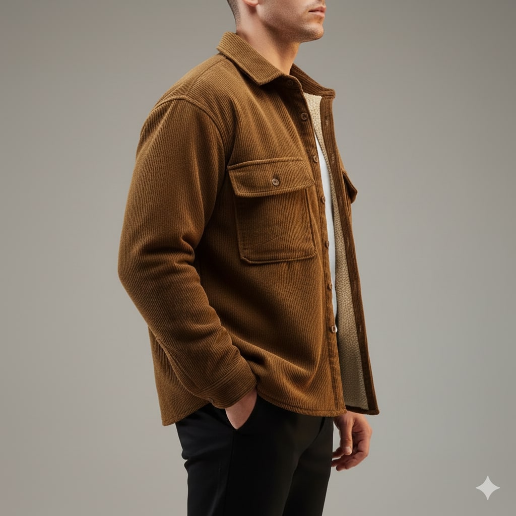 Roman Men’s Corduroy Shirt Jacket – Egyptian Cotton Sherpa-Lined Outerwear for Cold Weather